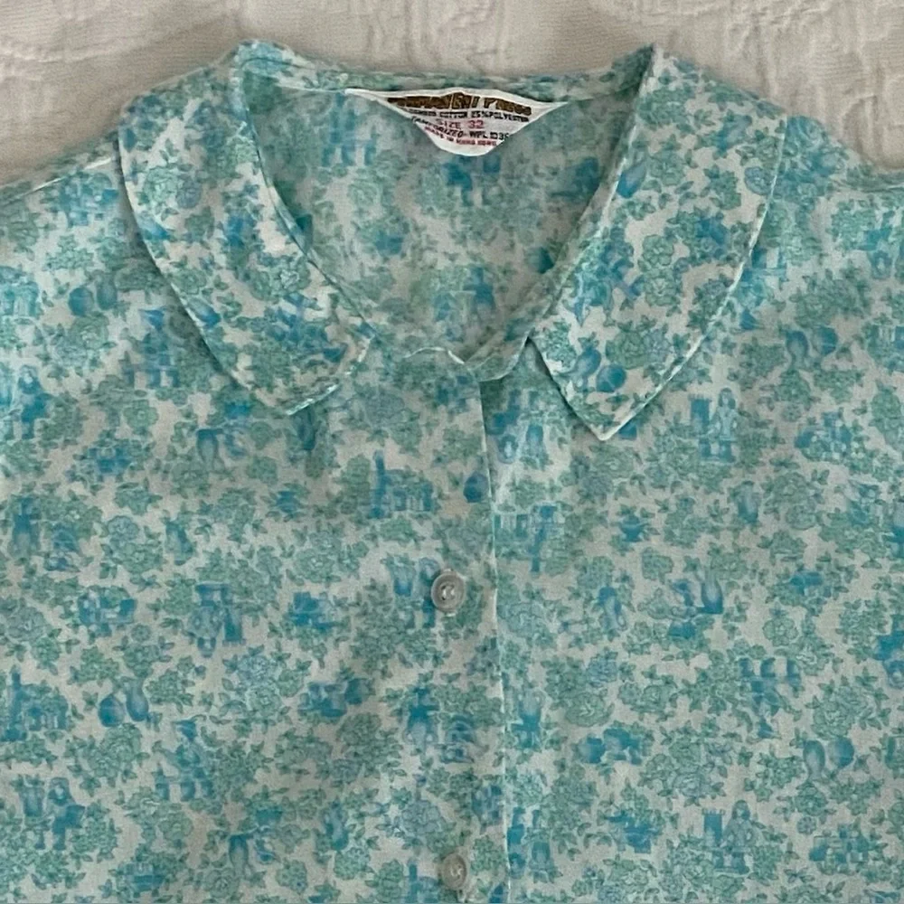 Vintage 1960s Cotton Shirt Short Sleeve Castle Floral Print Hong Kong - Picture 15 of 15